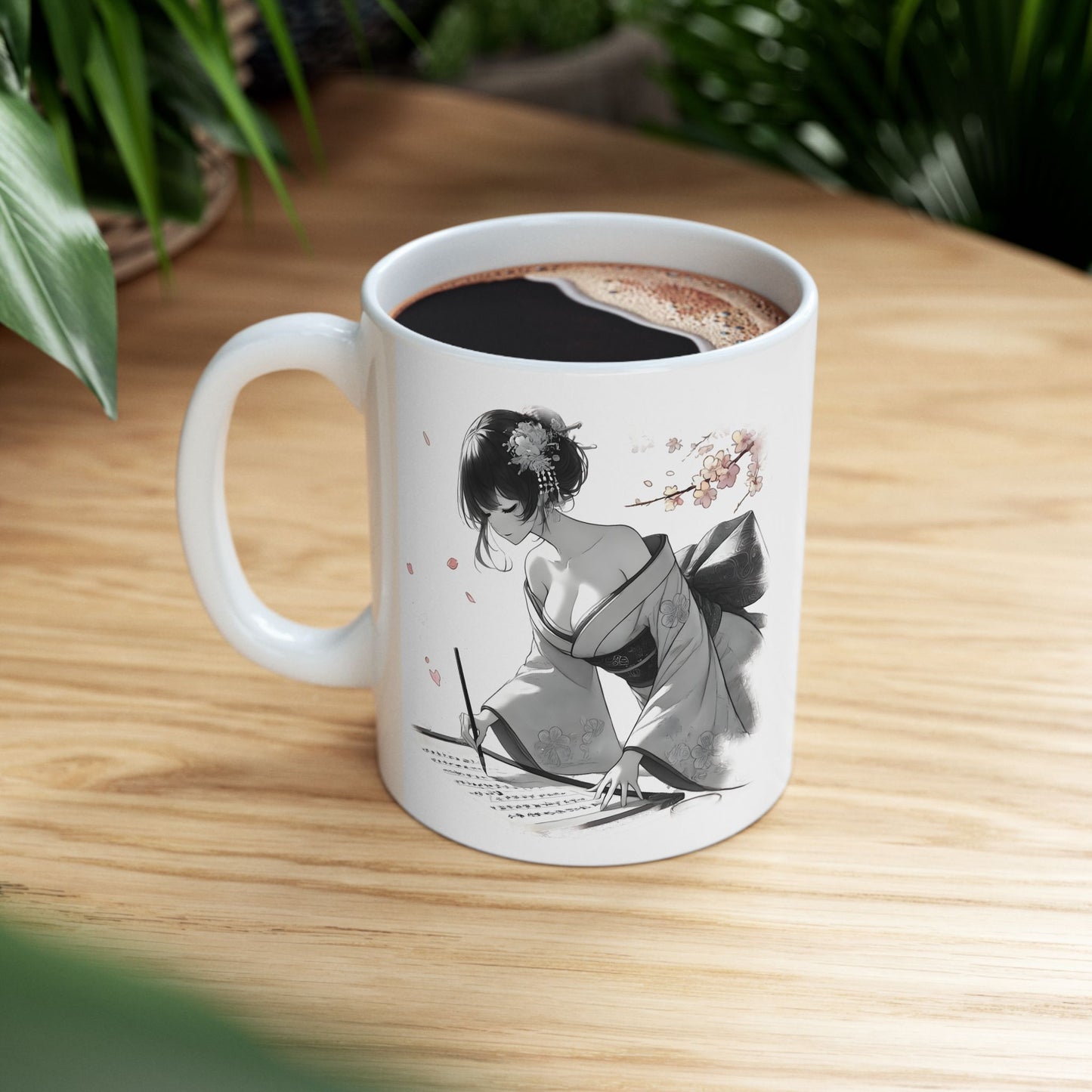 Geisha Writing Mug – Elegant Kimono Anime Girl Coffee Cup, Japanese Art Gift for Writers, Poets, and Feminine Aesthetic Collectors
