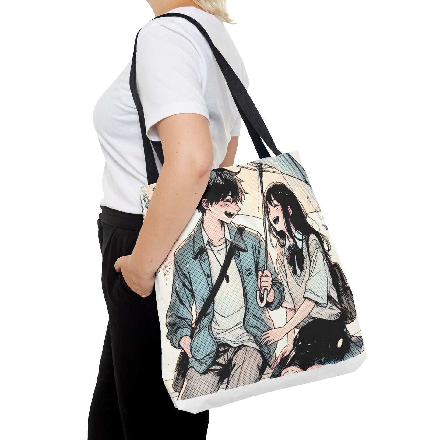 Anime Couple Tote Bag – Soft Romantic Rain Scene, Cute Manga Umbrella Moment, Aesthetic Love Story Bag