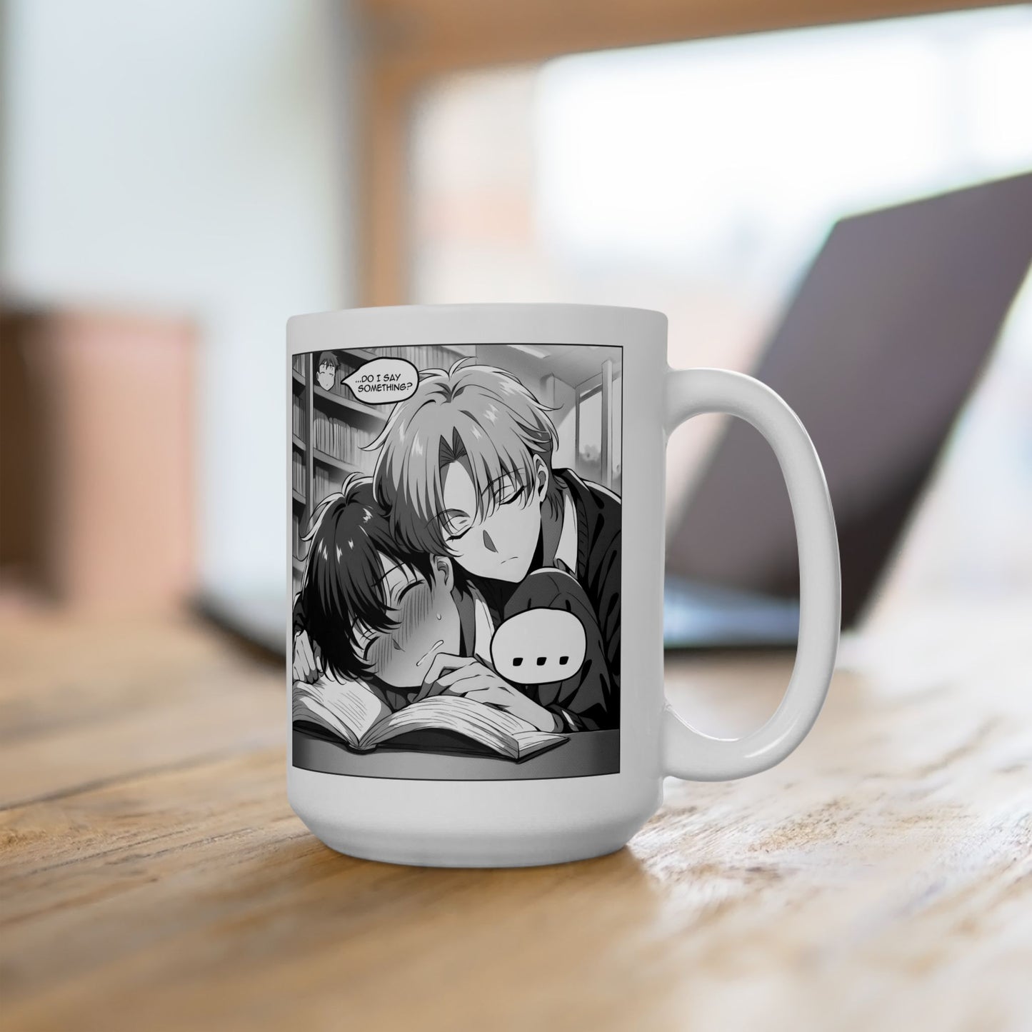 Tender BL Mug – Sleepy Manga Boys in Library Hug Scene, Soft Romantic Moment for Fans of Gentle Love and Quiet Stillness