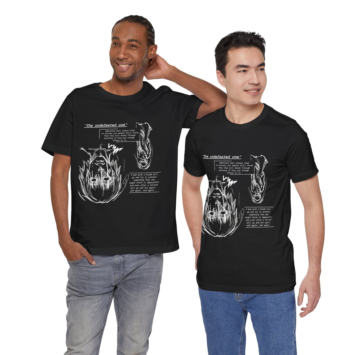 Cross-Eyed Samurai T-Shirt – Fall of the Undefeated, Hand-Drawn Manga Art Tee, Mythic Anime Shirt, Black & White Samurai Graphic for Fans