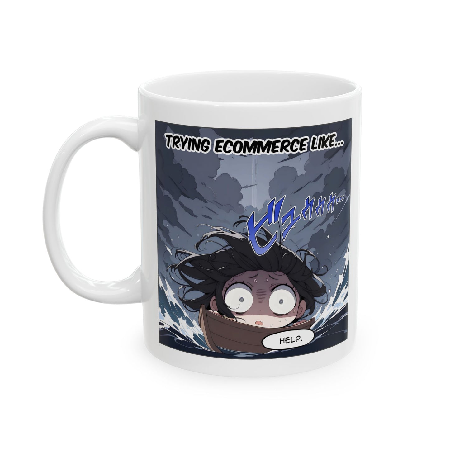 Anime Meme Mug – RUKO Drowning in Chaos, Funny Ecommerce Struggle Cup, Relatable Otaku Gift for Small Business Gremlins