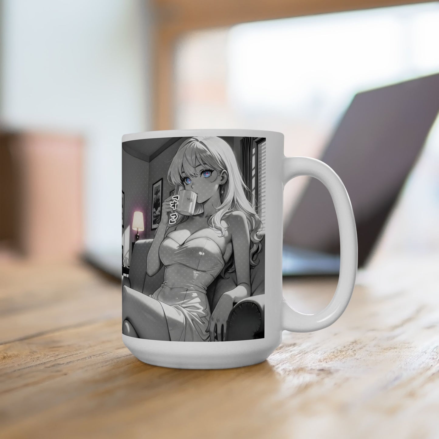 Elegant Anime Girl Mug – Late-Night Seinen Aesthetic Scene, Classy Manga Coffee Cup for Mature Otaku Moments