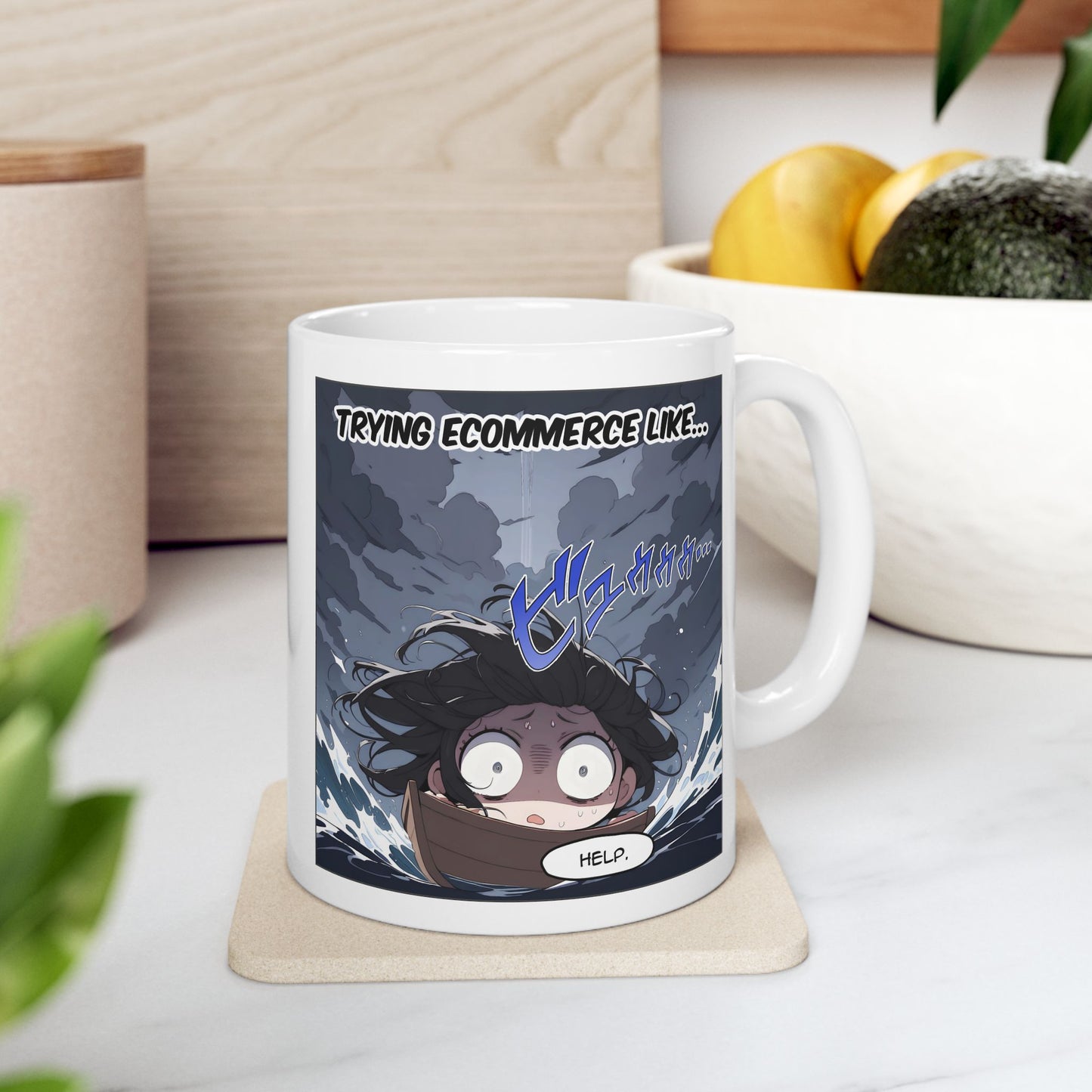 Anime Meme Mug – RUKO Drowning in Chaos, Funny Ecommerce Struggle Cup, Relatable Otaku Gift for Small Business Gremlins