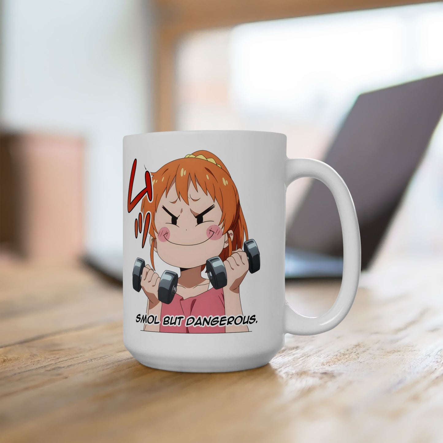 Funny Anime Mug – Smol But Dangerous Chibi Girl Lifting Weights, Otaku Coffee Cup for Chaotic Gym Vibes and Kawaii Workout Energy