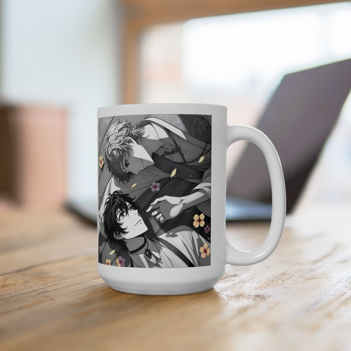BL Anime Mug – Soft Boys Lying in Petals, Gentle Eye Contact Scene, Emotional Yaoi Coffee Cup for Quiet Love Moments