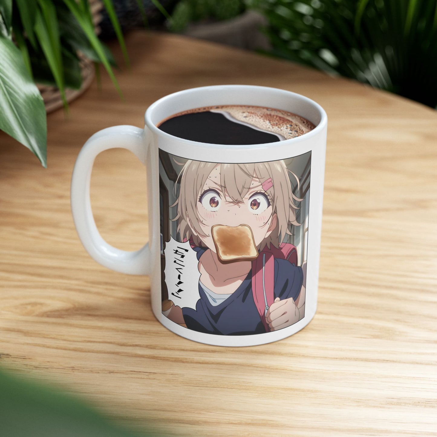 Running Late Mug – Funny Anime Girl Sprinting with Toast, Chaotic Morning Gift for Students and Otaku