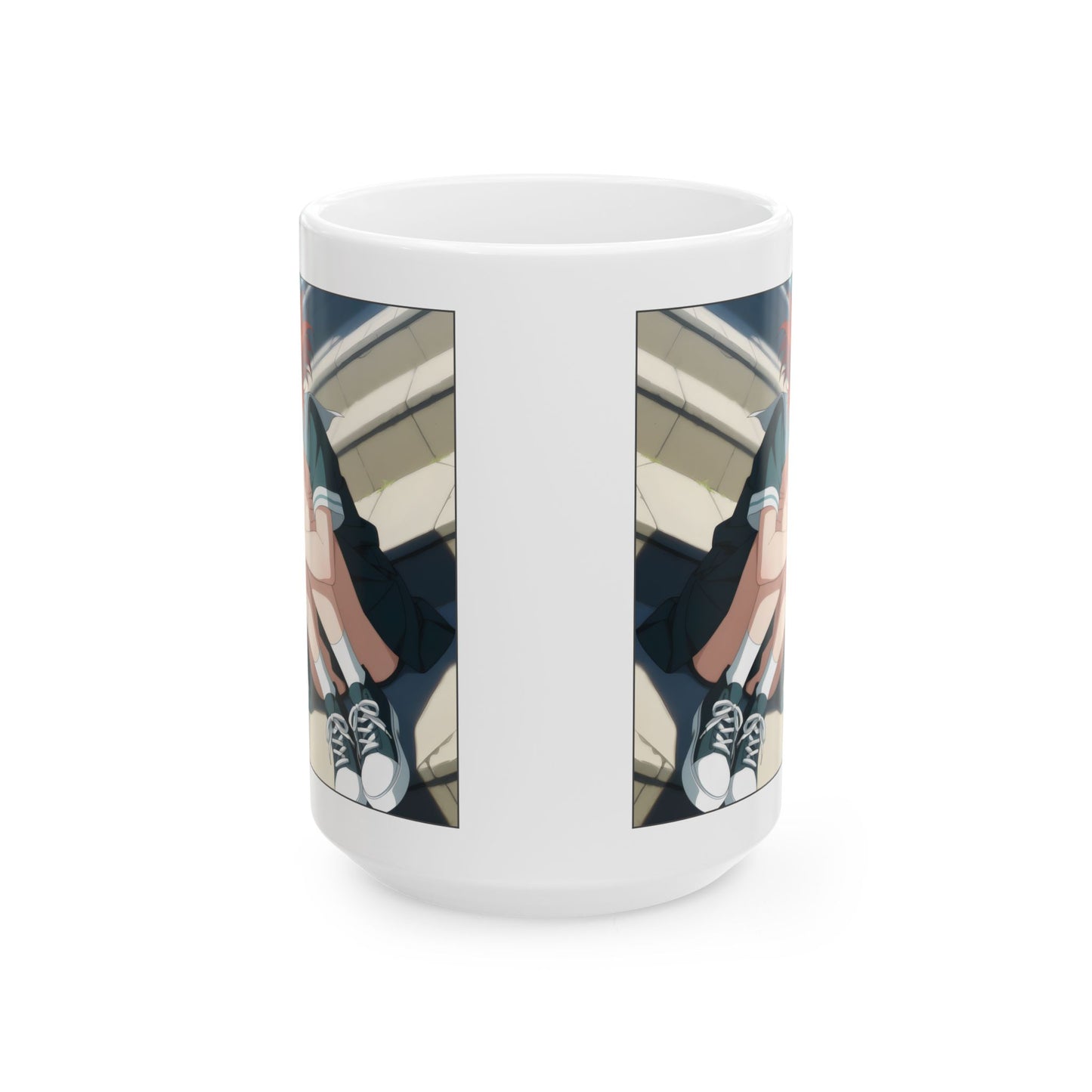 Sad Anime Girl Mug – Emotional Scene on School Steps, Quiet Gift for Soft Souls and Slice-of-Life Fans