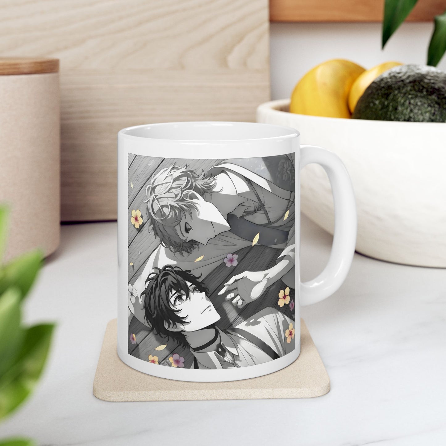 BL Anime Mug – Soft Boys Lying in Petals, Gentle Eye Contact Scene, Emotional Yaoi Coffee Cup for Quiet Love Moments