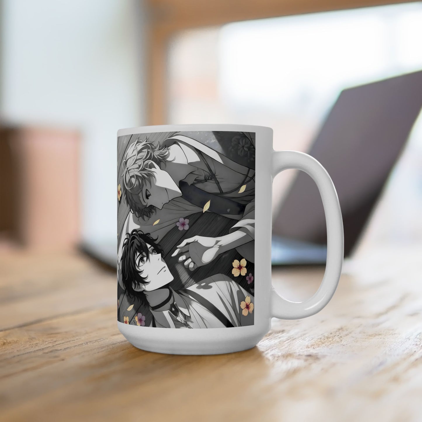 Boys Love Anime Mug – Soft Flower Petal Romance, Gentle BL Moment, Emotional Manga Coffee Cup