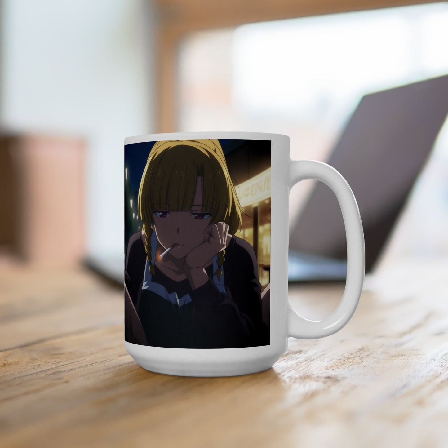 Anime Aesthetic Mug – Tired Night-Shift Girl, Moody Late-Night Bar Scene, Emotional Manga Coffee Cup