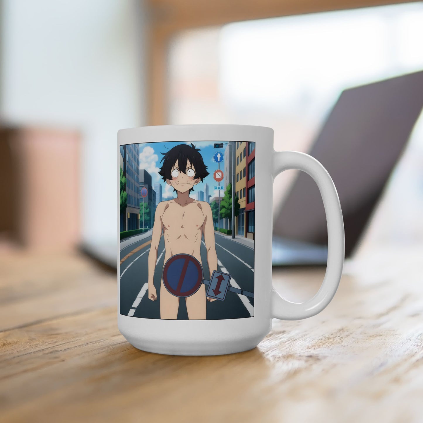 Isekai Meme Mug – Naked Summon Gone Wrong, Funny Anime Coffee Mug, Hilarious Traffic Sign Censorship Gag, Gift for Otaku and Chaos Lovers
