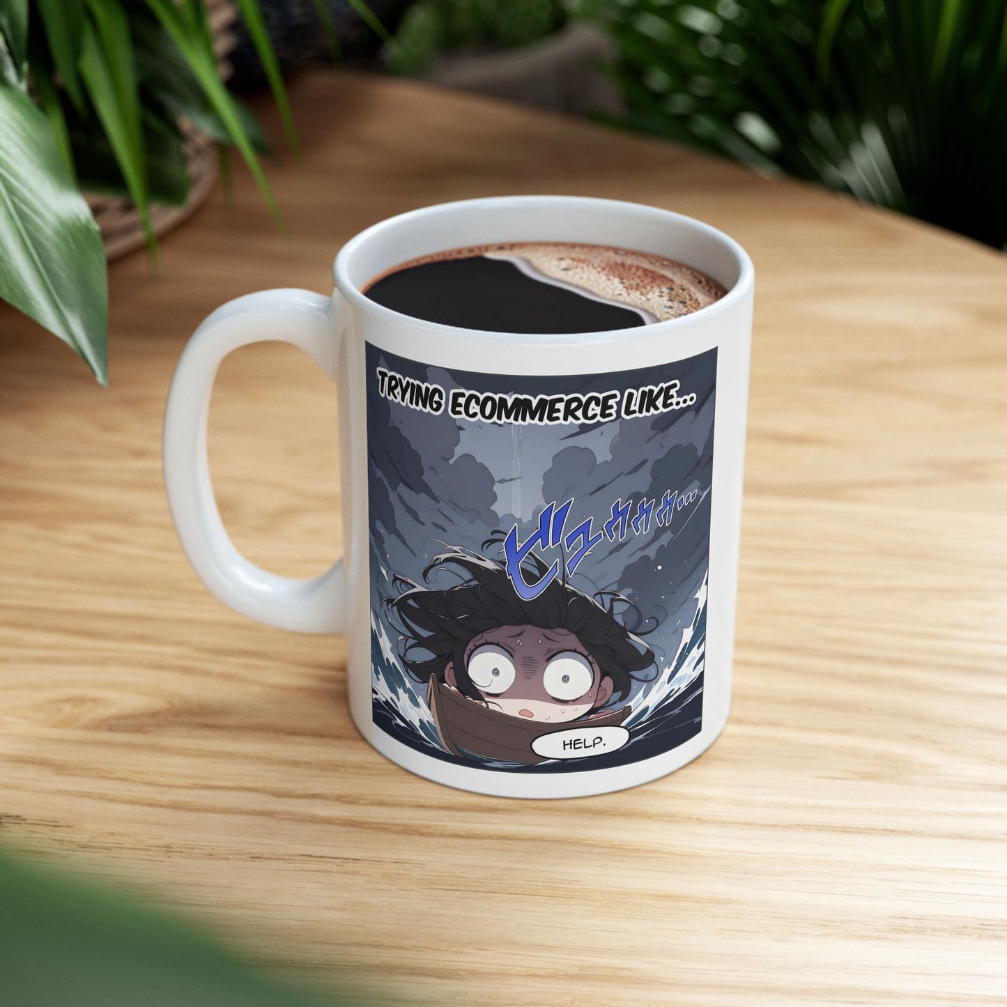 Anime Meme Mug – RUKO Drowning in Chaos, Funny Ecommerce Struggle Cup, Relatable Otaku Gift for Small Business Gremlins