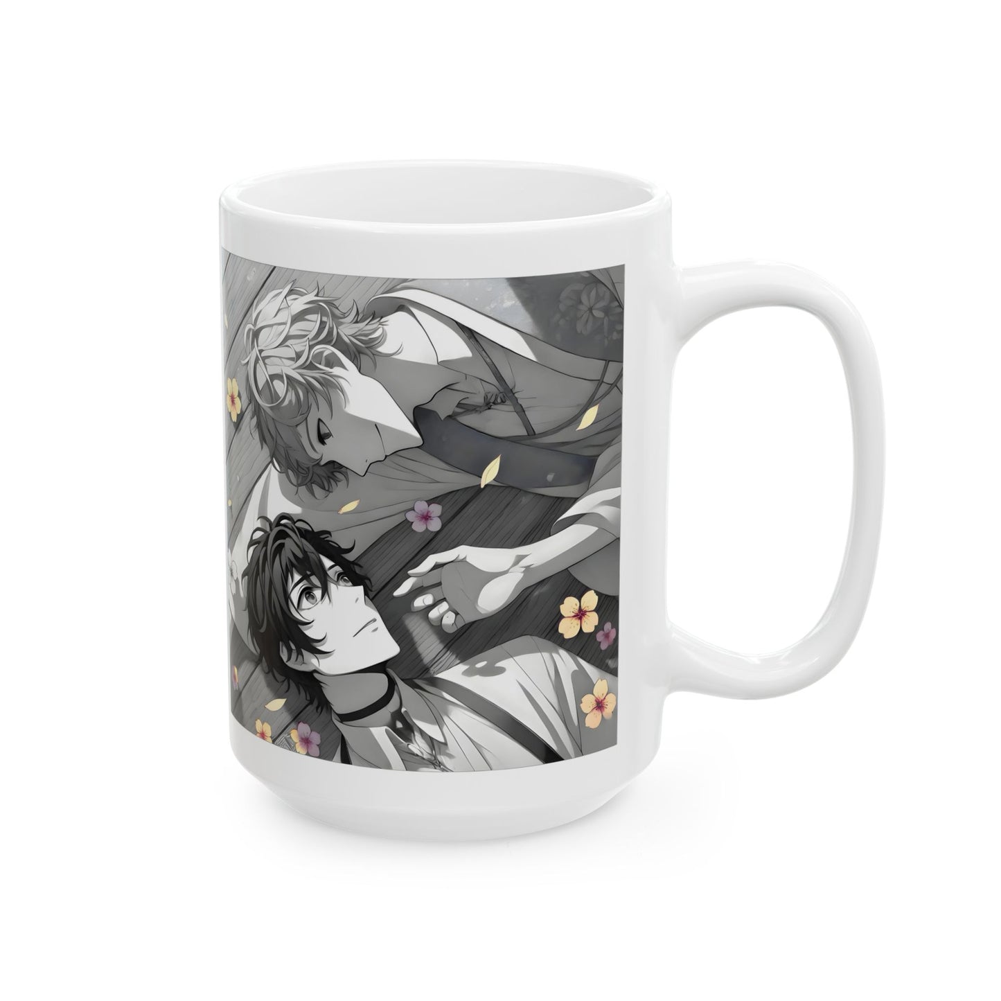 BL Anime Mug – Soft Boys Lying in Petals, Gentle Eye Contact Scene, Emotional Yaoi Coffee Cup for Quiet Love Moments