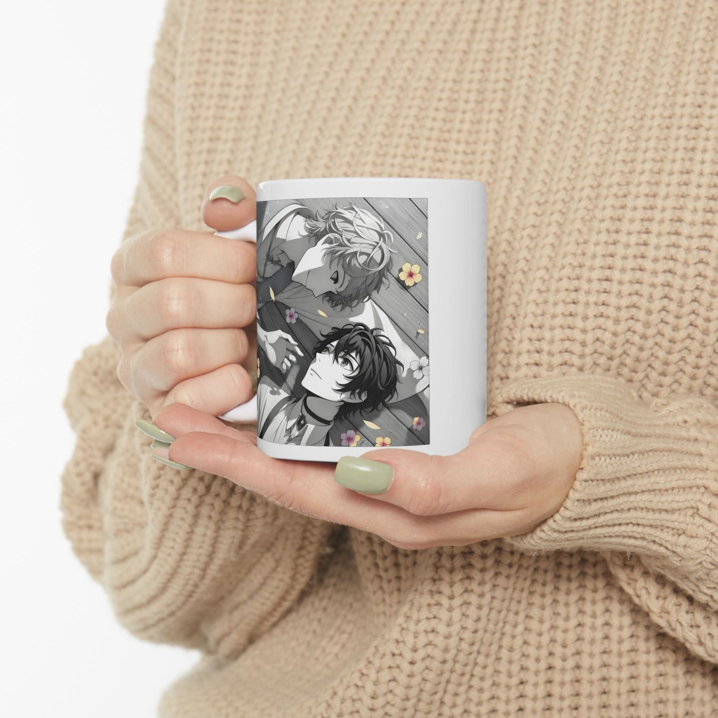BL Anime Mug – Soft Boys Lying in Petals, Gentle Eye Contact Scene, Emotional Yaoi Coffee Cup for Quiet Love Moments