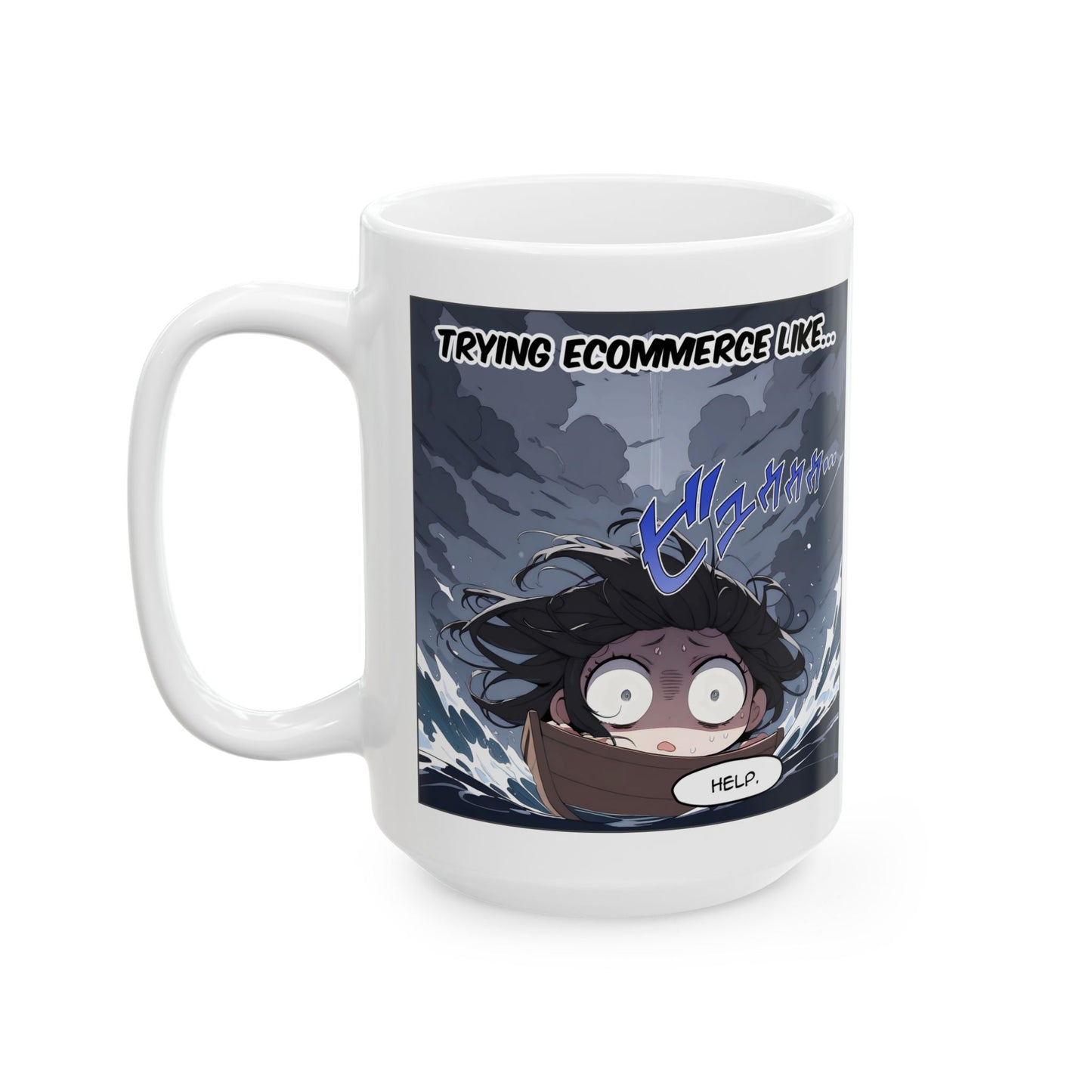 Anime Meme Mug – RUKO Drowning in Chaos, Funny Ecommerce Struggle Cup, Relatable Otaku Gift for Small Business Gremlins