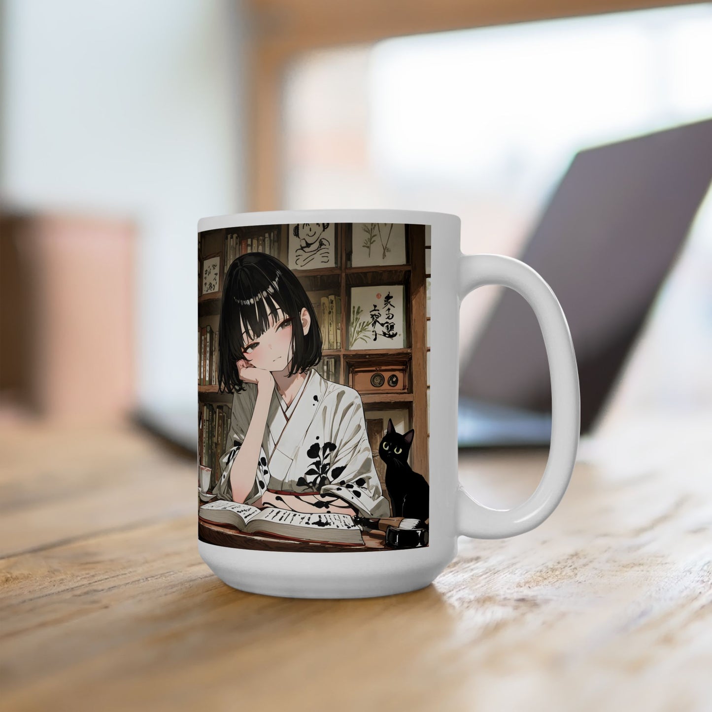 Calm Anime Mug – Cozy Reading Anime Girl Cup, Slow Life Aesthetic Mug, Peaceful Cat Coffee Mug, Relaxing Japanese Text Mug