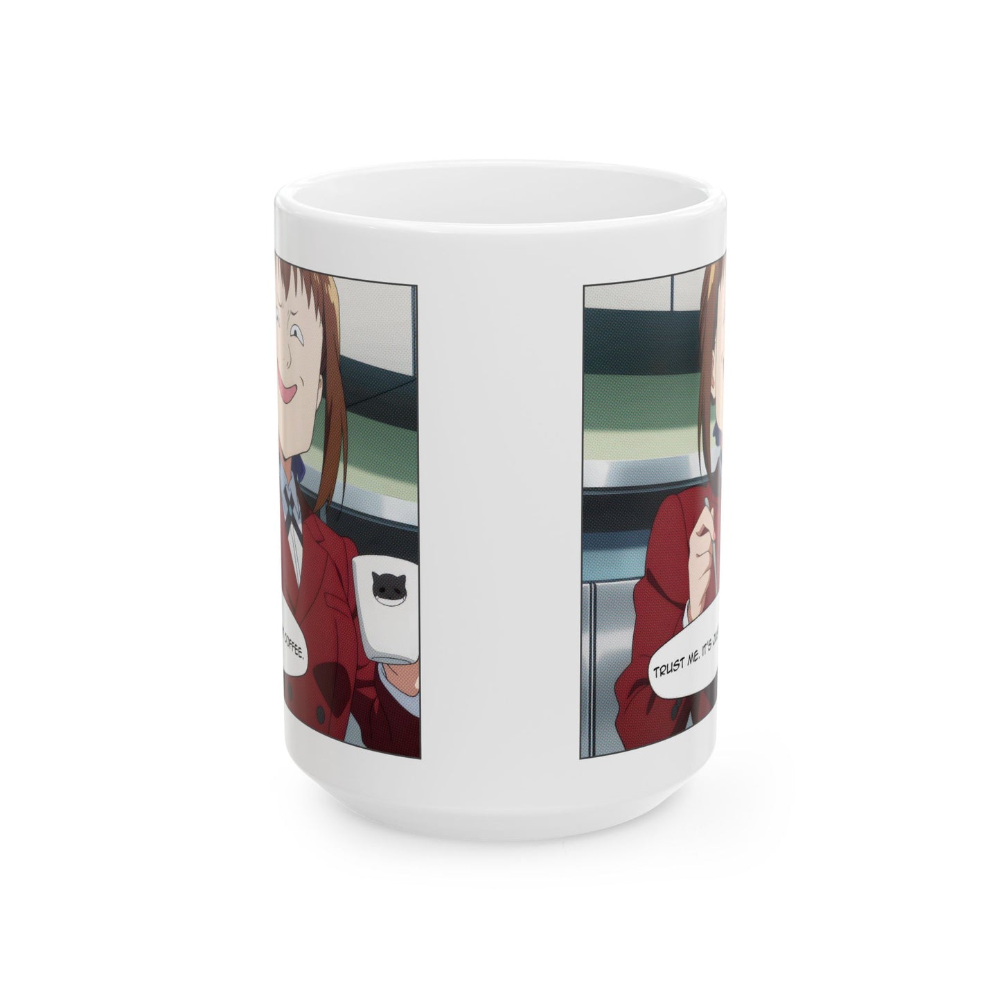 Anime Coffee Mug – Suspicious Girl Meme Cup with “Trust Me It’s Just Coffee” Quote, Funny Otaku Gift for Work Chaos
