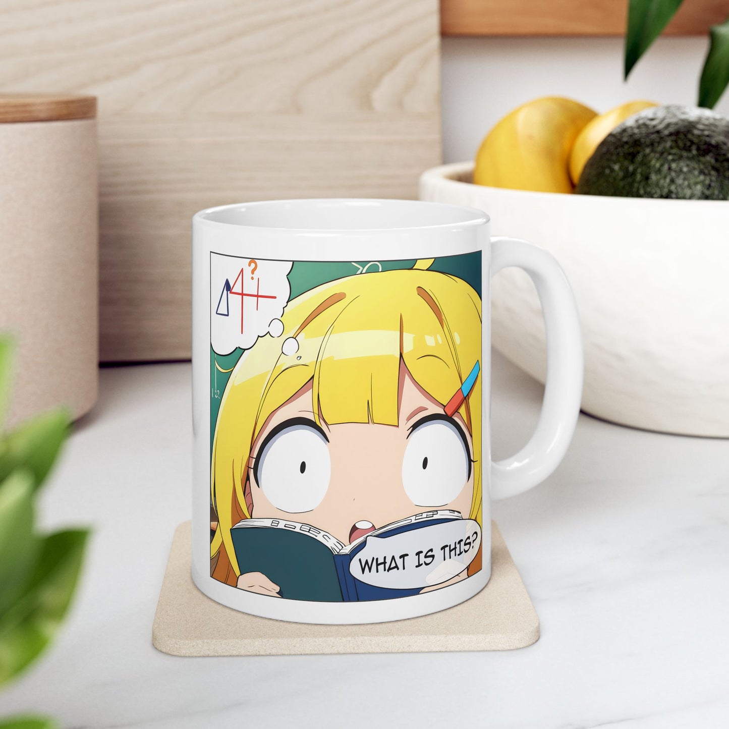 Math Struggle Mug – Confused Anime Girl with Book, Funny Exam Season Gift for Students and Study Survivors