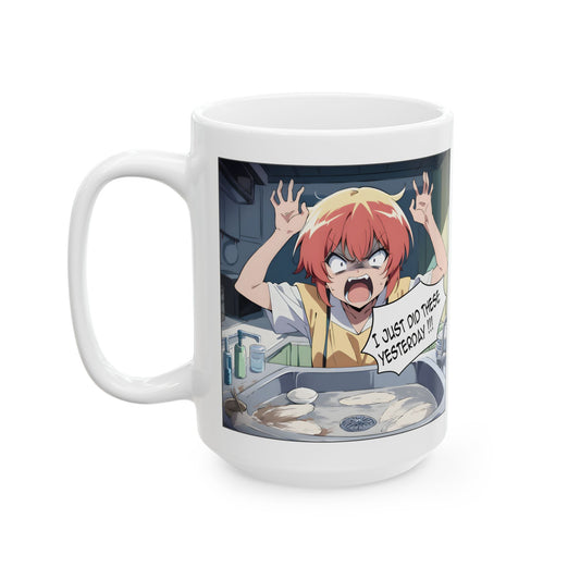 Anime Chores Mug – Screaming Manga Girl at Sink, Relatable Burnout Gift for Overworked Students and Domestic Chaos Survivors
