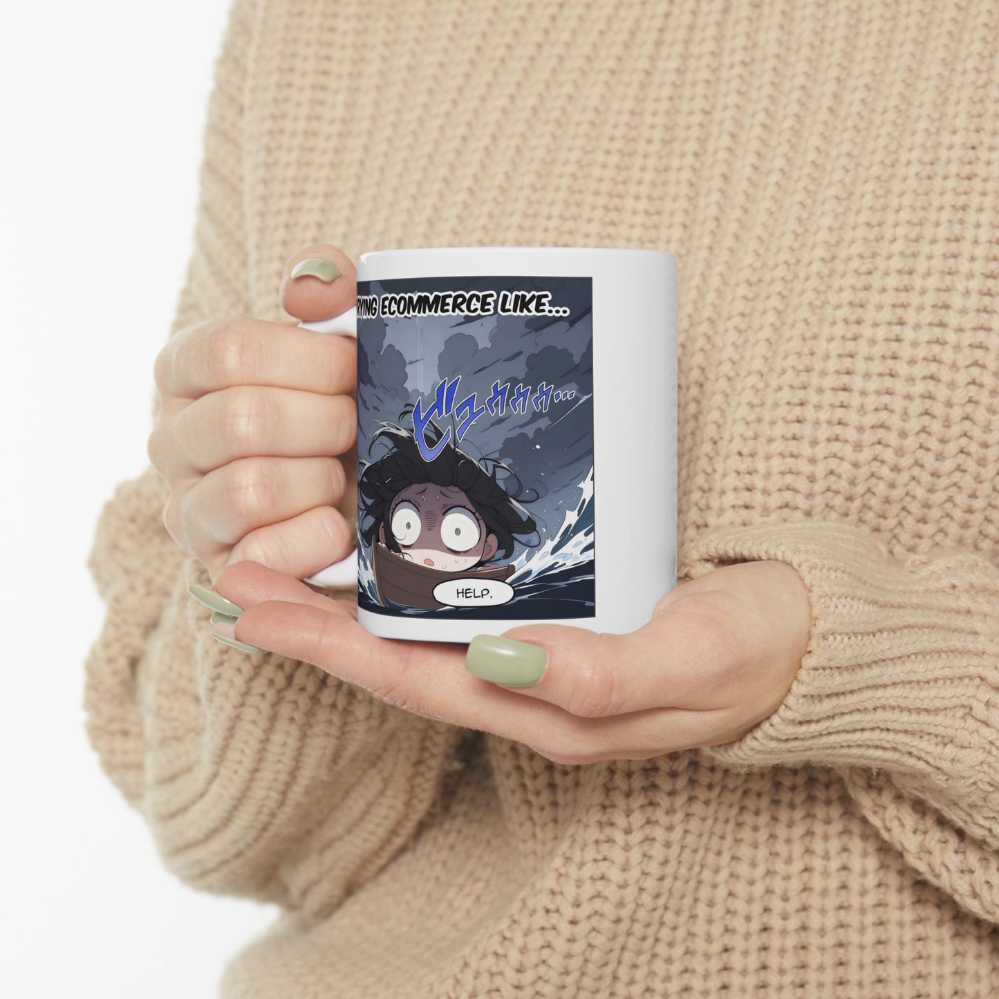 Anime Meme Mug – RUKO Drowning in Chaos, Funny Ecommerce Struggle Cup, Relatable Otaku Gift for Small Business Gremlins