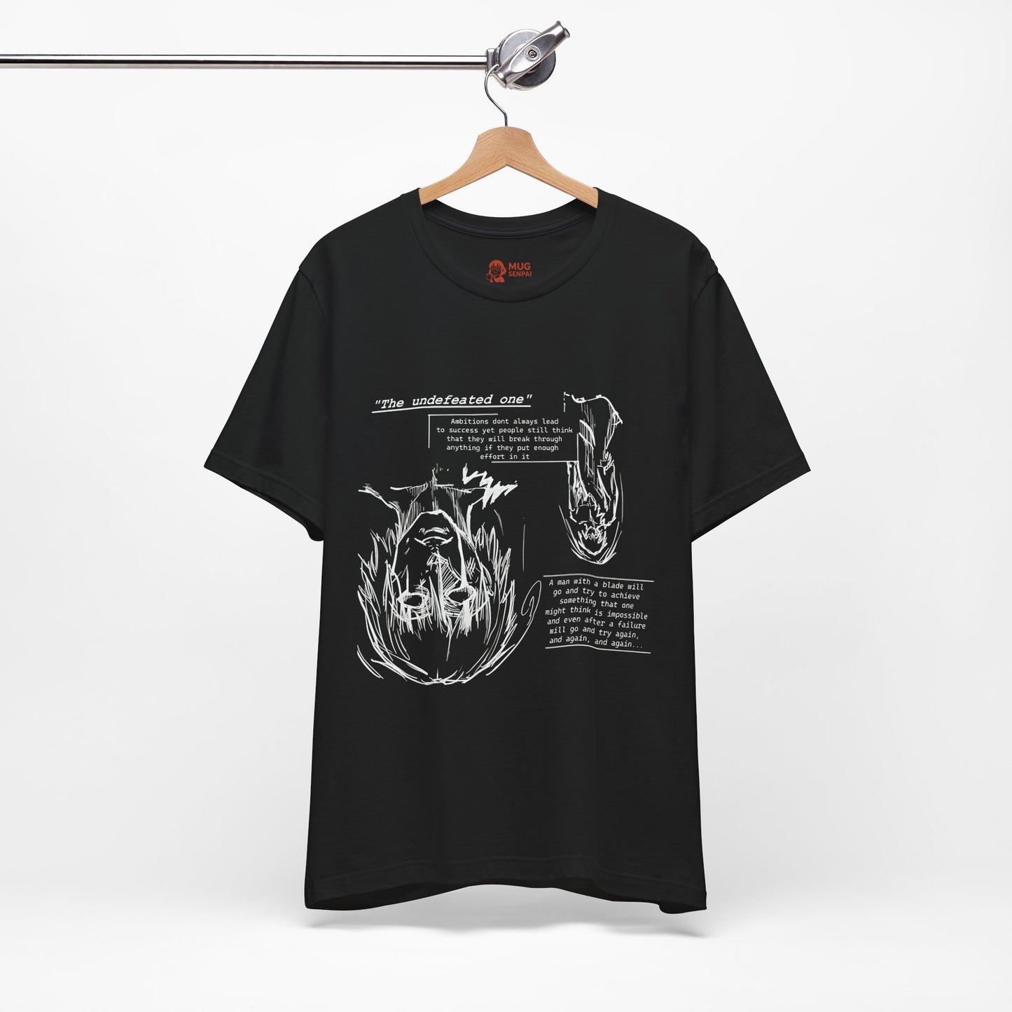 Cross-Eyed Samurai T-Shirt – Fall of the Undefeated, Hand-Drawn Manga Art Tee, Mythic Anime Shirt, Black & White Samurai Graphic for Fans