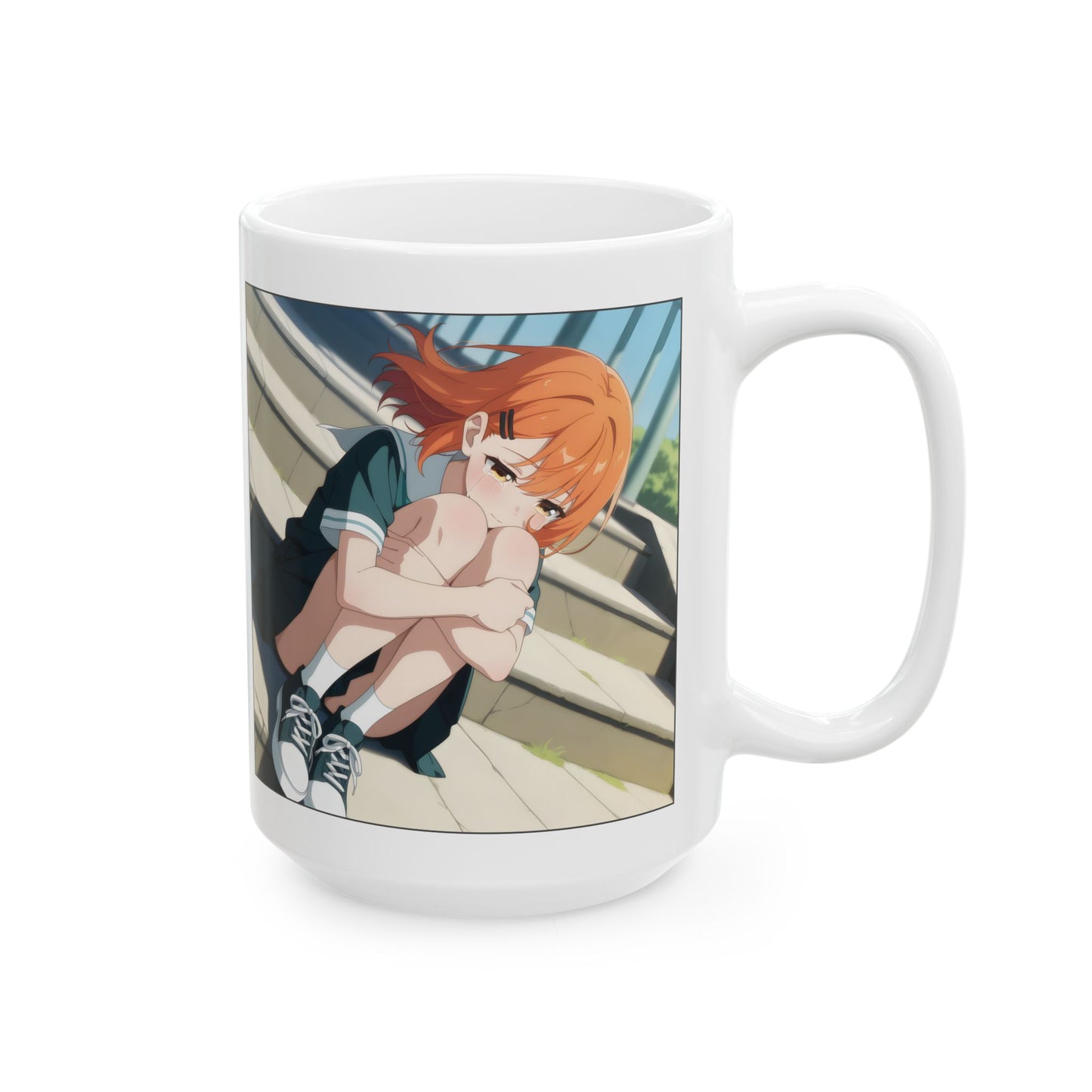 Sad Anime Girl Mug – Emotional Scene on School Steps, Quiet Gift for Soft Souls and Slice-of-Life Fans