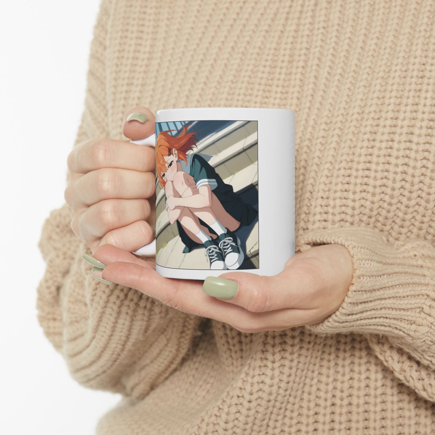 Sad Anime Girl Mug – Emotional Scene on School Steps, Quiet Gift for Soft Souls and Slice-of-Life Fans