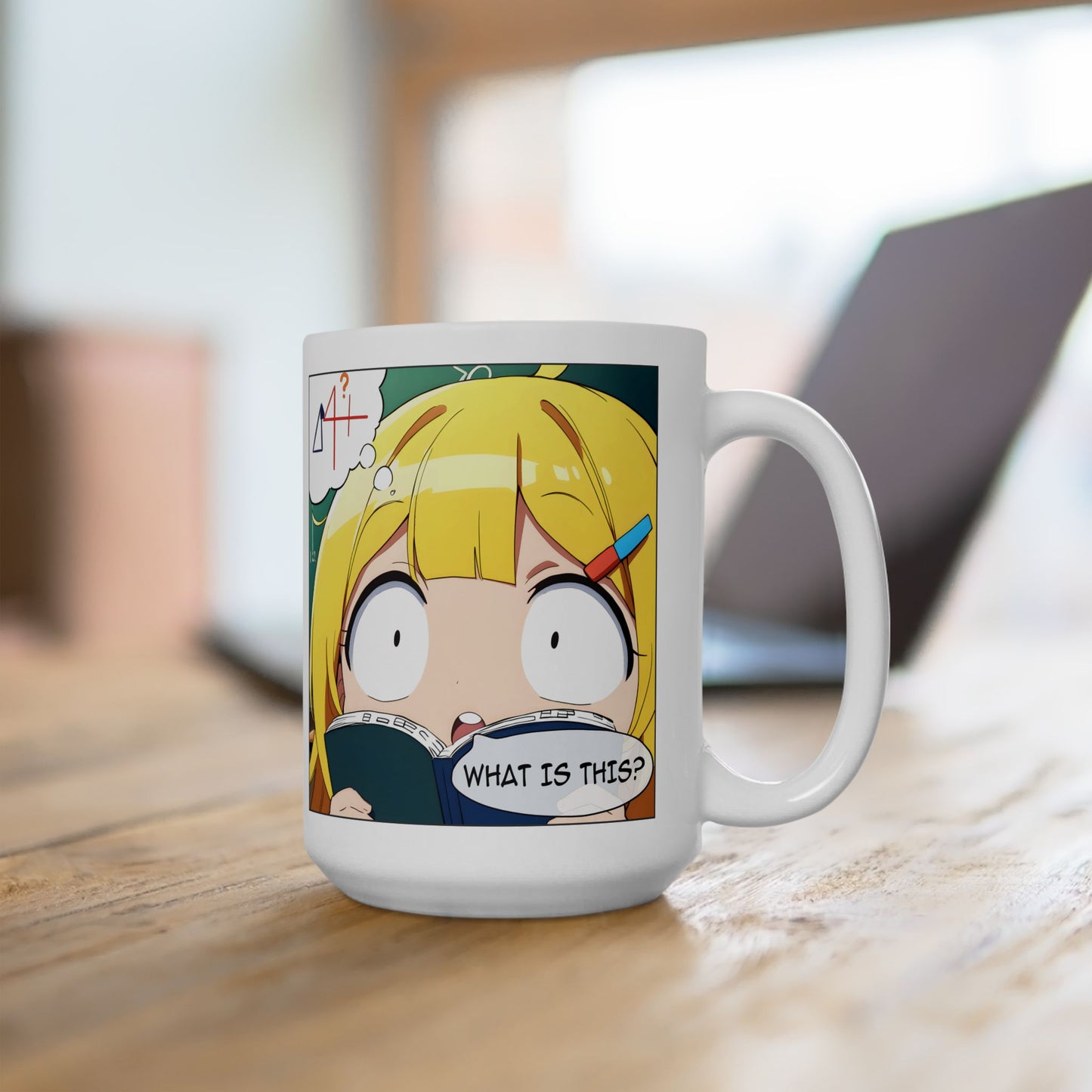 Math Struggle Mug – Confused Anime Girl with Book, Funny Exam Season Gift for Students and Study Survivors