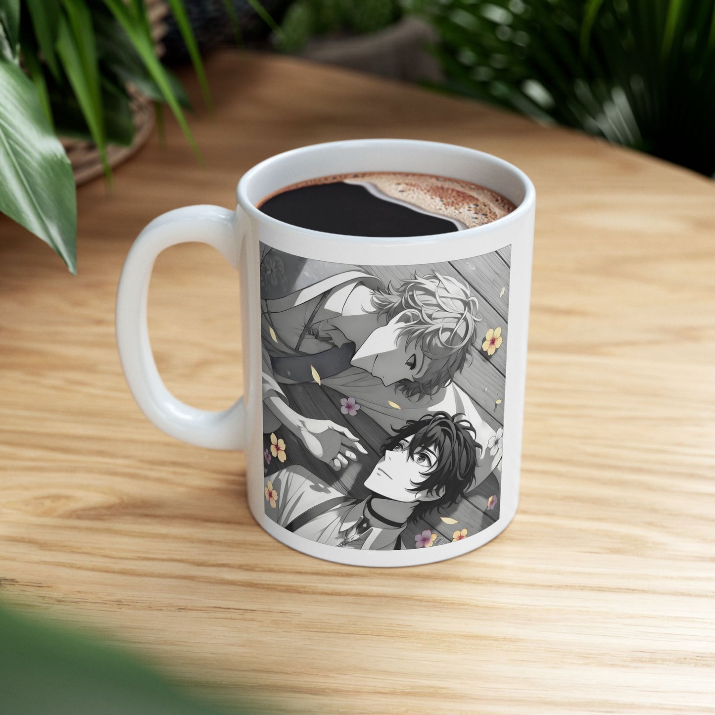 BL Anime Mug – Soft Boys Lying in Petals, Gentle Eye Contact Scene, Emotional Yaoi Coffee Cup for Quiet Love Moments