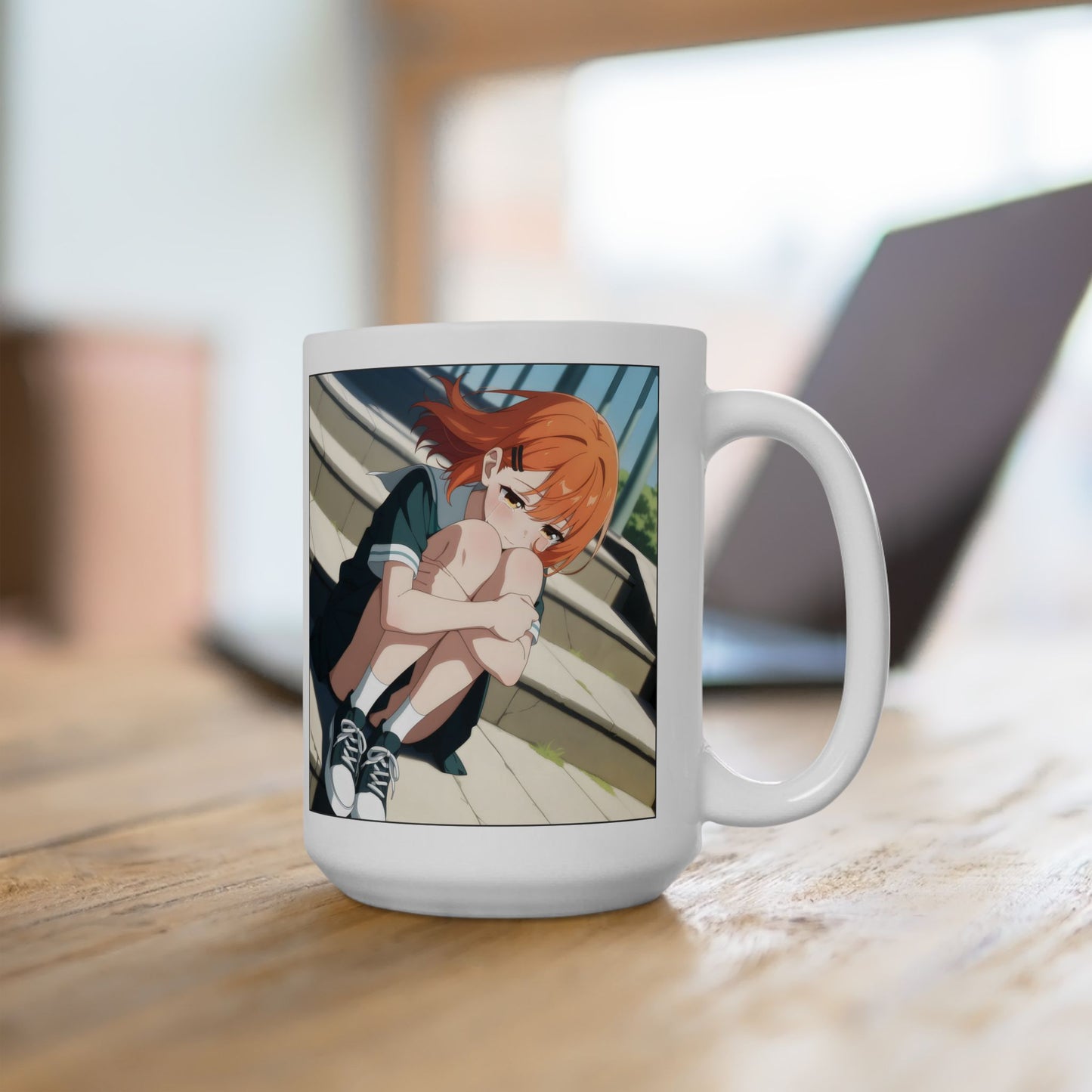 Sad Anime Girl Mug – Emotional Scene on School Steps, Quiet Gift for Soft Souls and Slice-of-Life Fans
