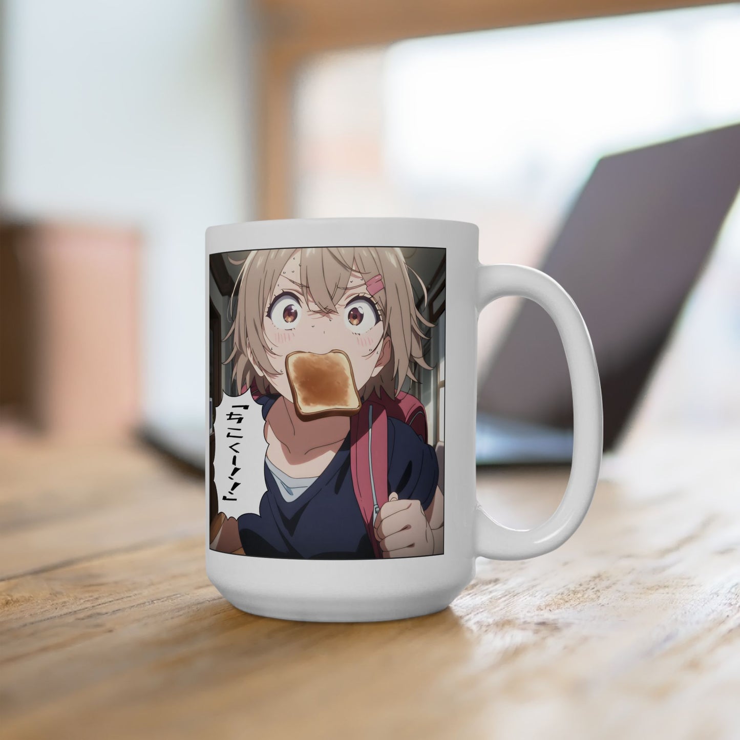 Running Late Mug – Funny Anime Girl Sprinting with Toast, Chaotic Morning Gift for Students and Otaku