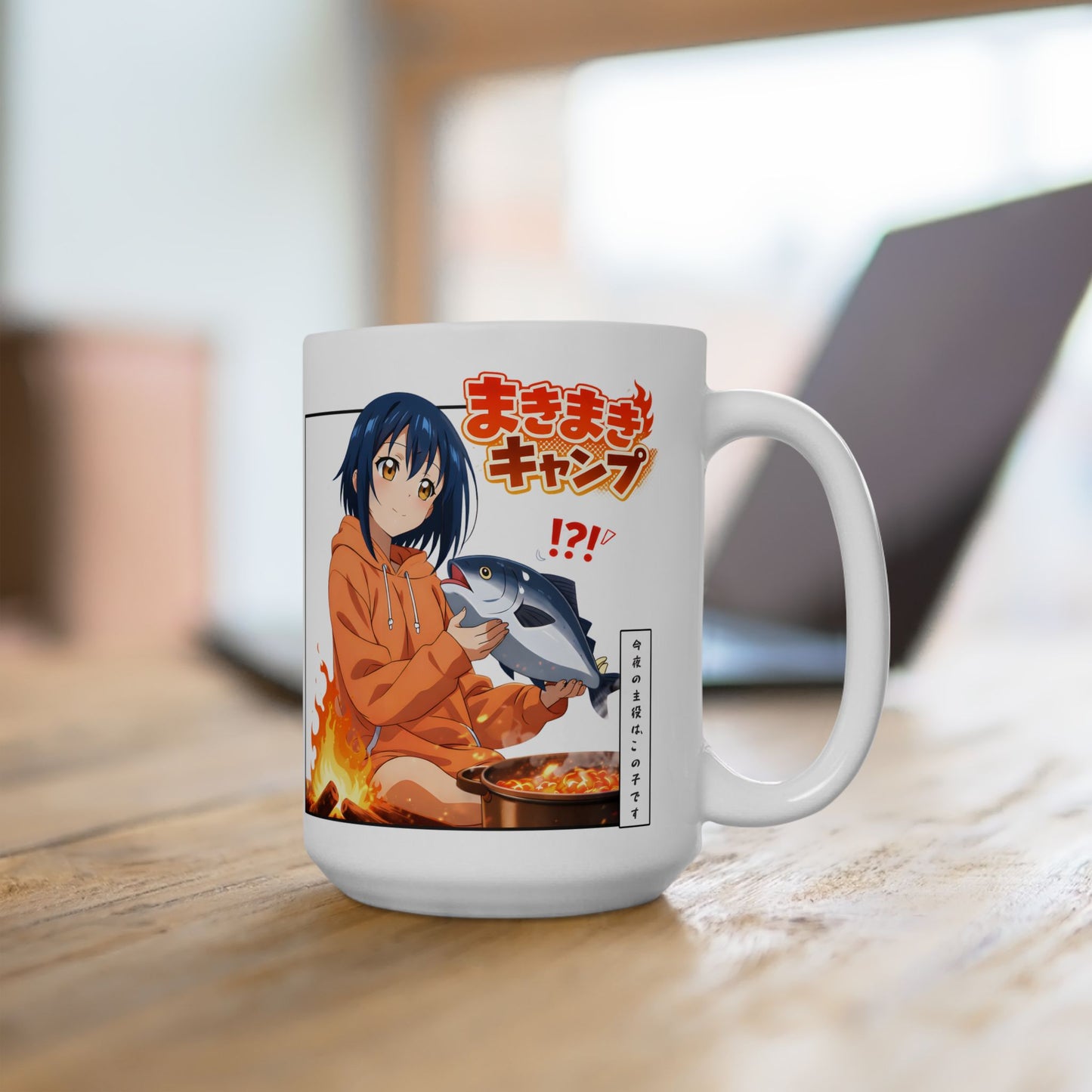 Funny Anime Mug – Camping Girl Cooking Fish Scene, Chaotic Campfire Anime Cup, Cute Cooking Disaster Mug, Weird Anime Humor Gift