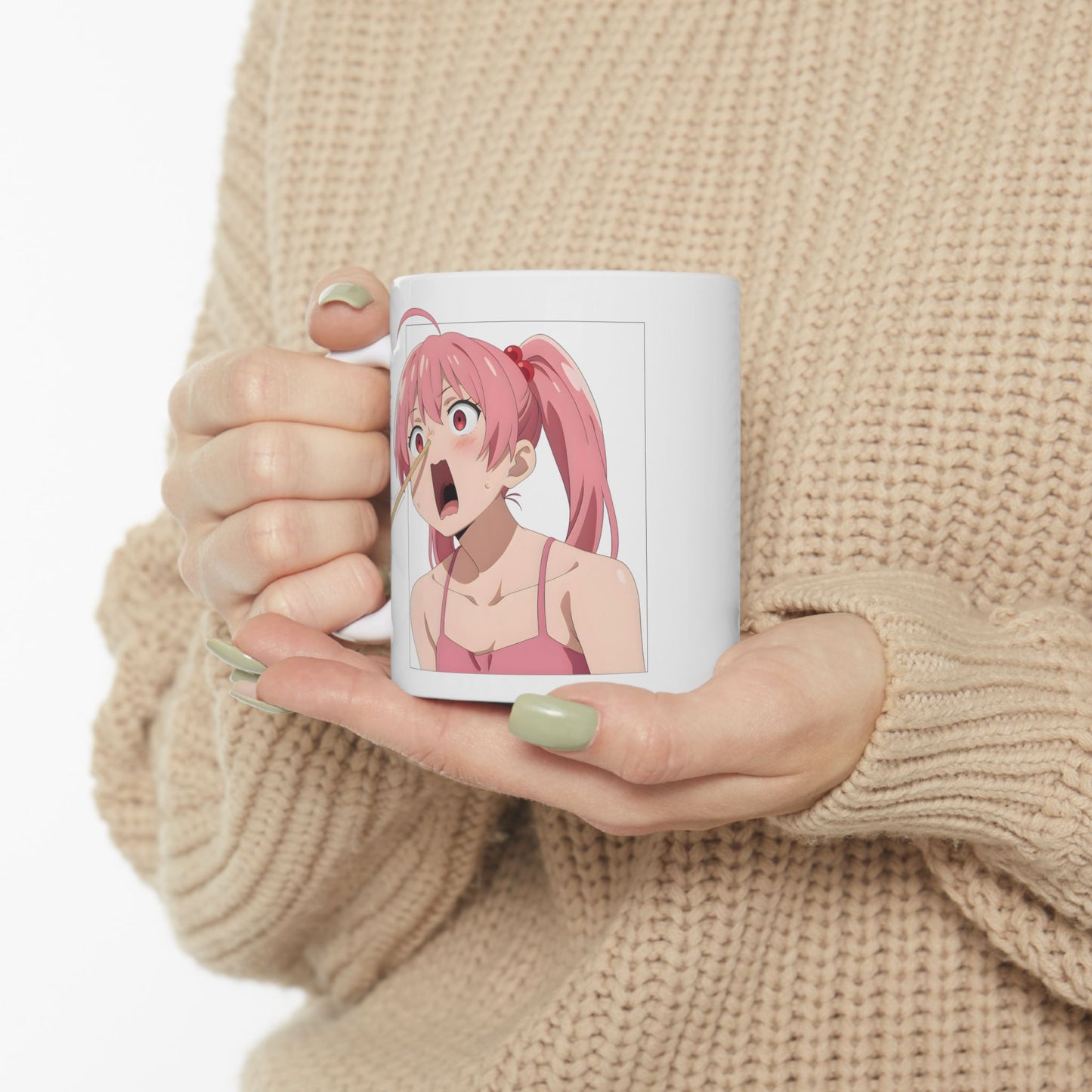 Funny Anime Mug – Chopstick Panic Meme Girl, Unhinged Otaku Coffee Cup, Hilarious Pink-Haired Scream Chaos Gift