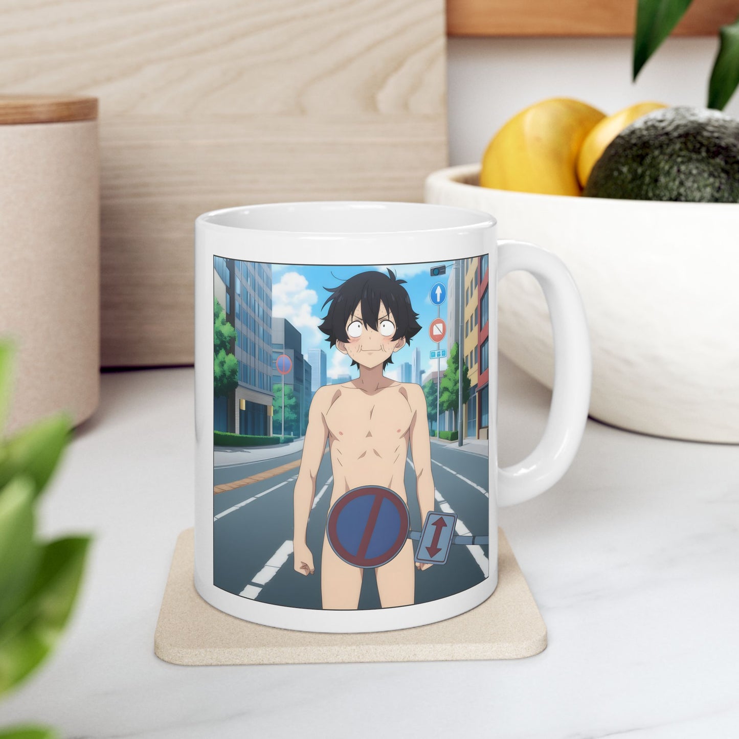 Isekai Meme Mug – Naked Summon Gone Wrong, Funny Anime Coffee Mug, Hilarious Traffic Sign Censorship Gag, Gift for Otaku and Chaos Lovers
