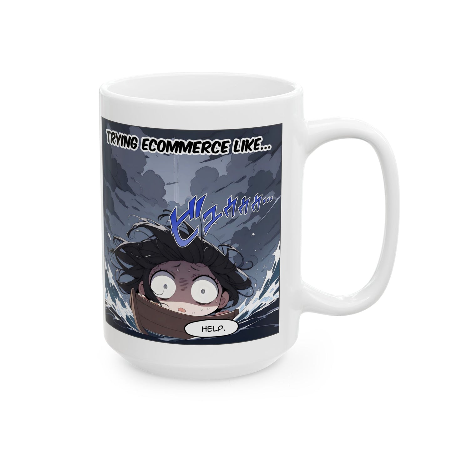 Anime Meme Mug – RUKO Drowning in Chaos, Funny Ecommerce Struggle Cup, Relatable Otaku Gift for Small Business Gremlins