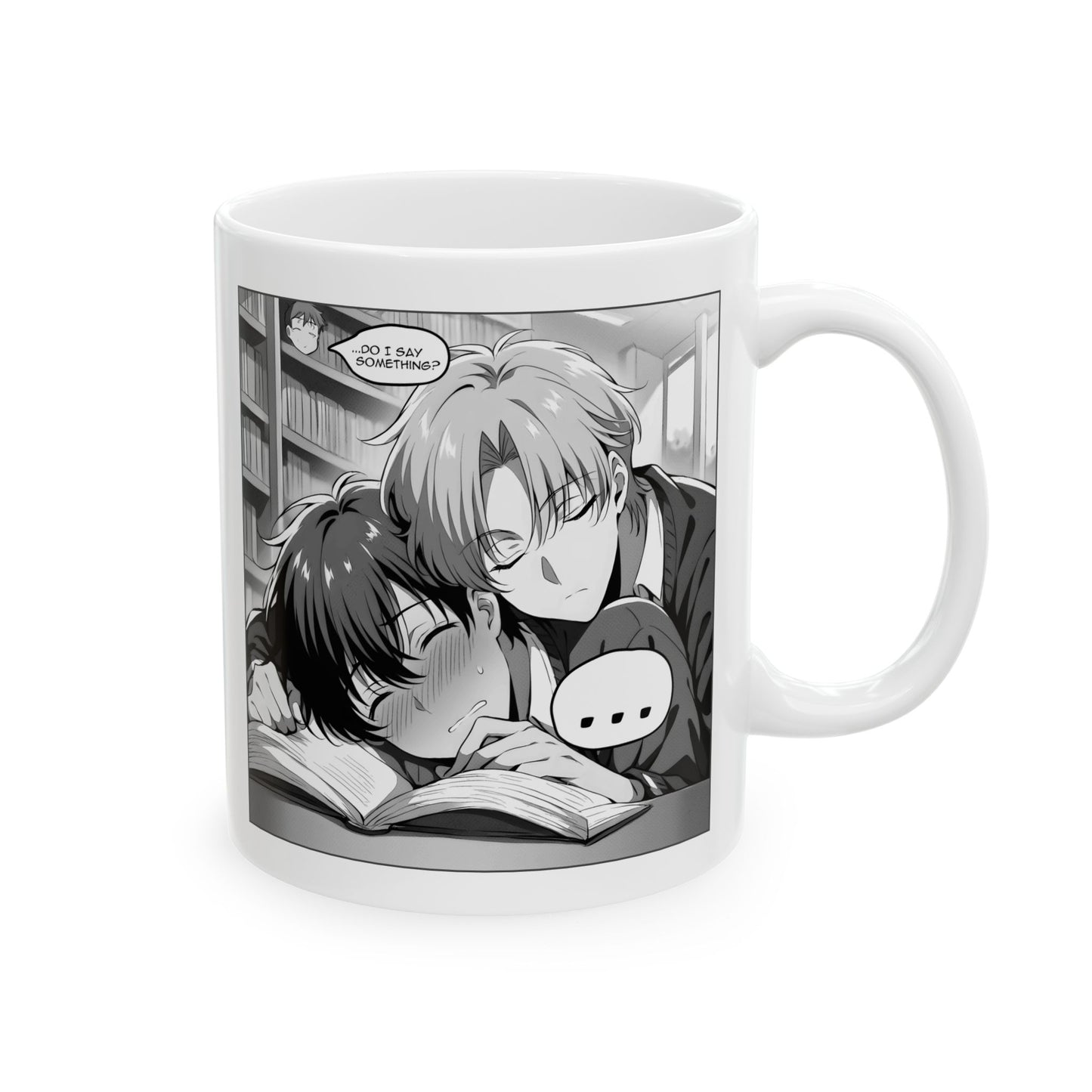 Tender BL Mug – Sleepy Manga Boys in Library Hug Scene, Soft Romantic Moment for Fans of Gentle Love and Quiet Stillness