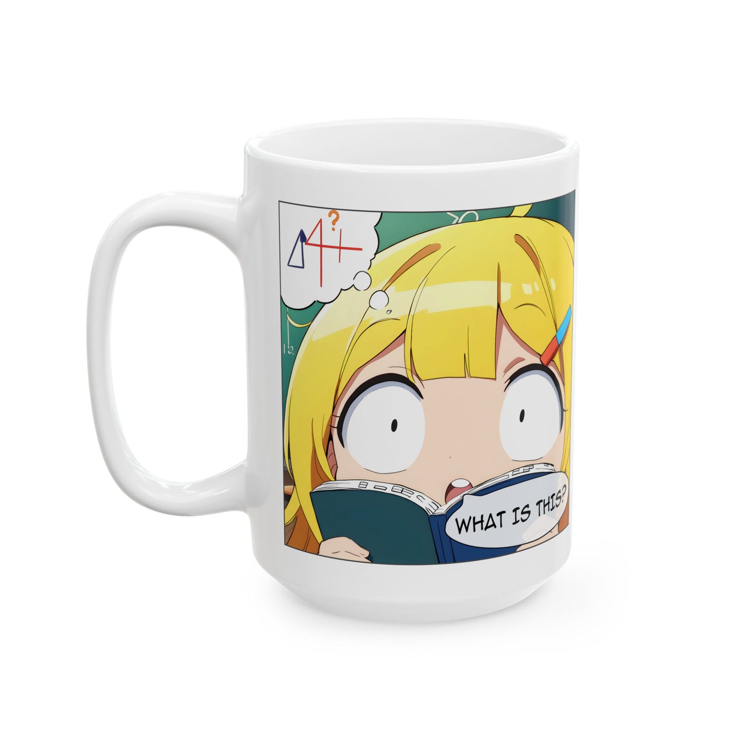 Math Struggle Mug – Confused Anime Girl with Book, Funny Exam Season Gift for Students and Study Survivors