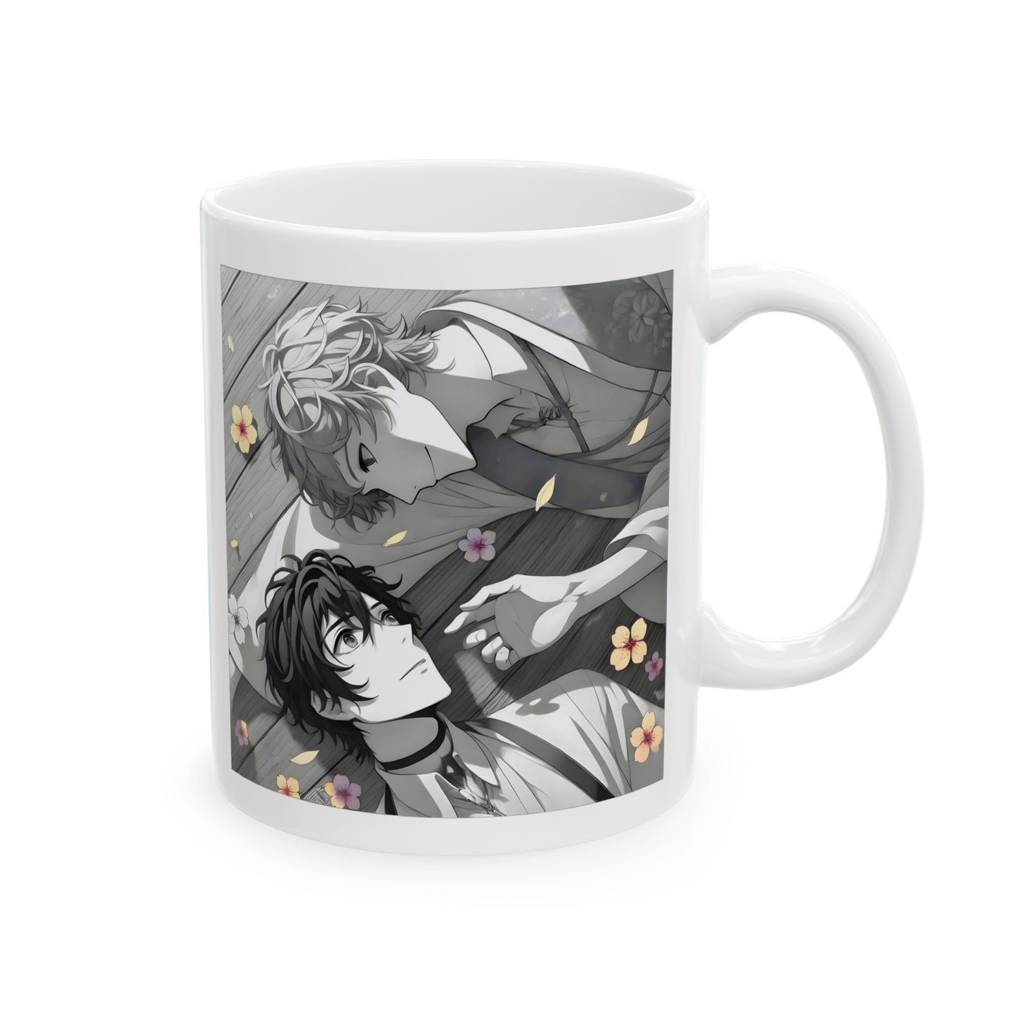 BL Anime Mug – Soft Boys Lying in Petals, Gentle Eye Contact Scene, Emotional Yaoi Coffee Cup for Quiet Love Moments