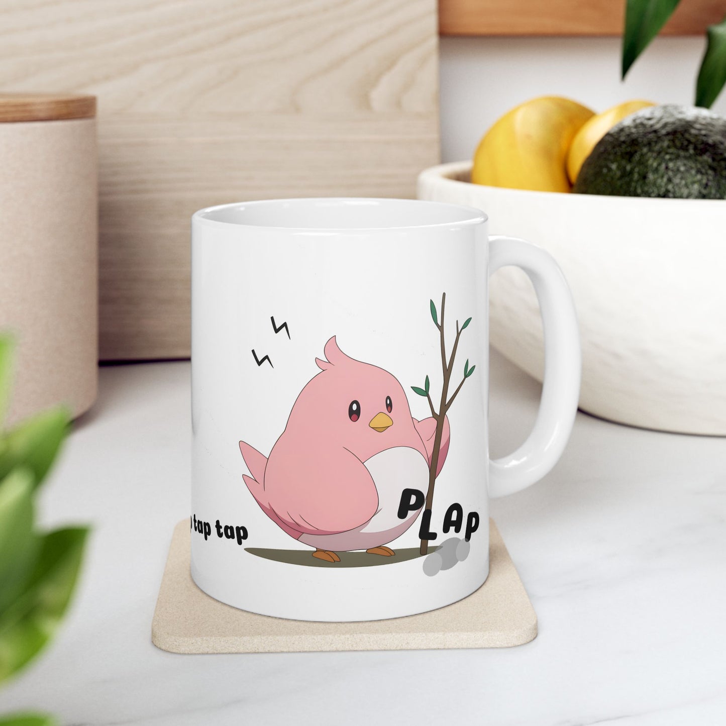 Cute Bird Meme Mug – Tap Tap PLAP Sound Cup, Kawaii Pink Birb Chaos, Funny Emotional Support Mug for Relatable Unhinged Mornings