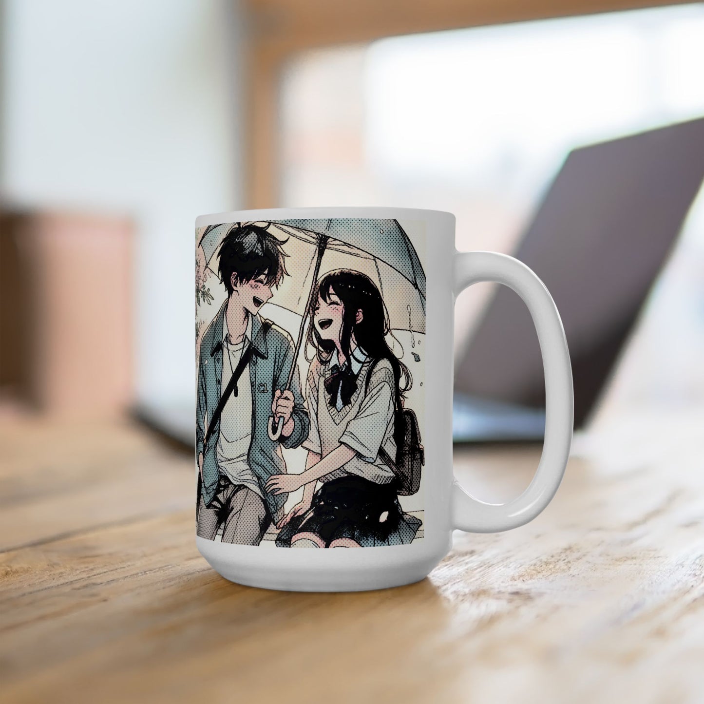 Anime Couple Mug – Soft Rain Walk Romance, Sweet Manga Umbrella Moment, Emotional Coffee Cup for Love Story Fans