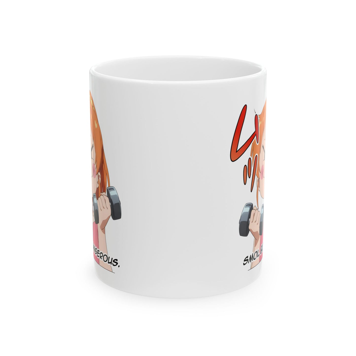 Funny Anime Mug – Smol But Dangerous Chibi Girl Lifting Weights, Otaku Coffee Cup for Chaotic Gym Vibes and Kawaii Workout Energy