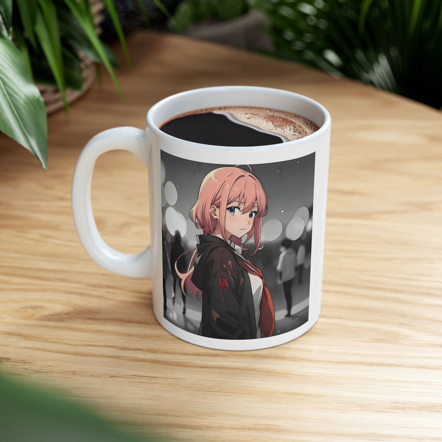 Emotional Anime Mug – Lonely Girl in Rainy Crowd, Pink Hair Manga Scene with Bokeh Lights, Sad Coffee Cup for Soft Moments