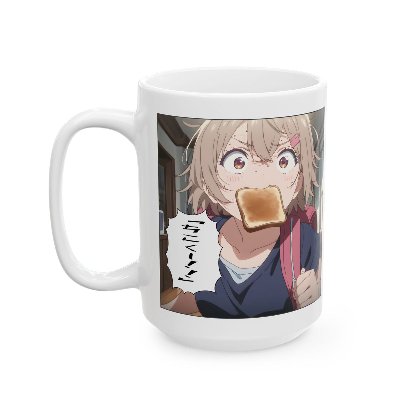 Running Late Mug – Funny Anime Girl Sprinting with Toast, Chaotic Morning Gift for Students and Otaku