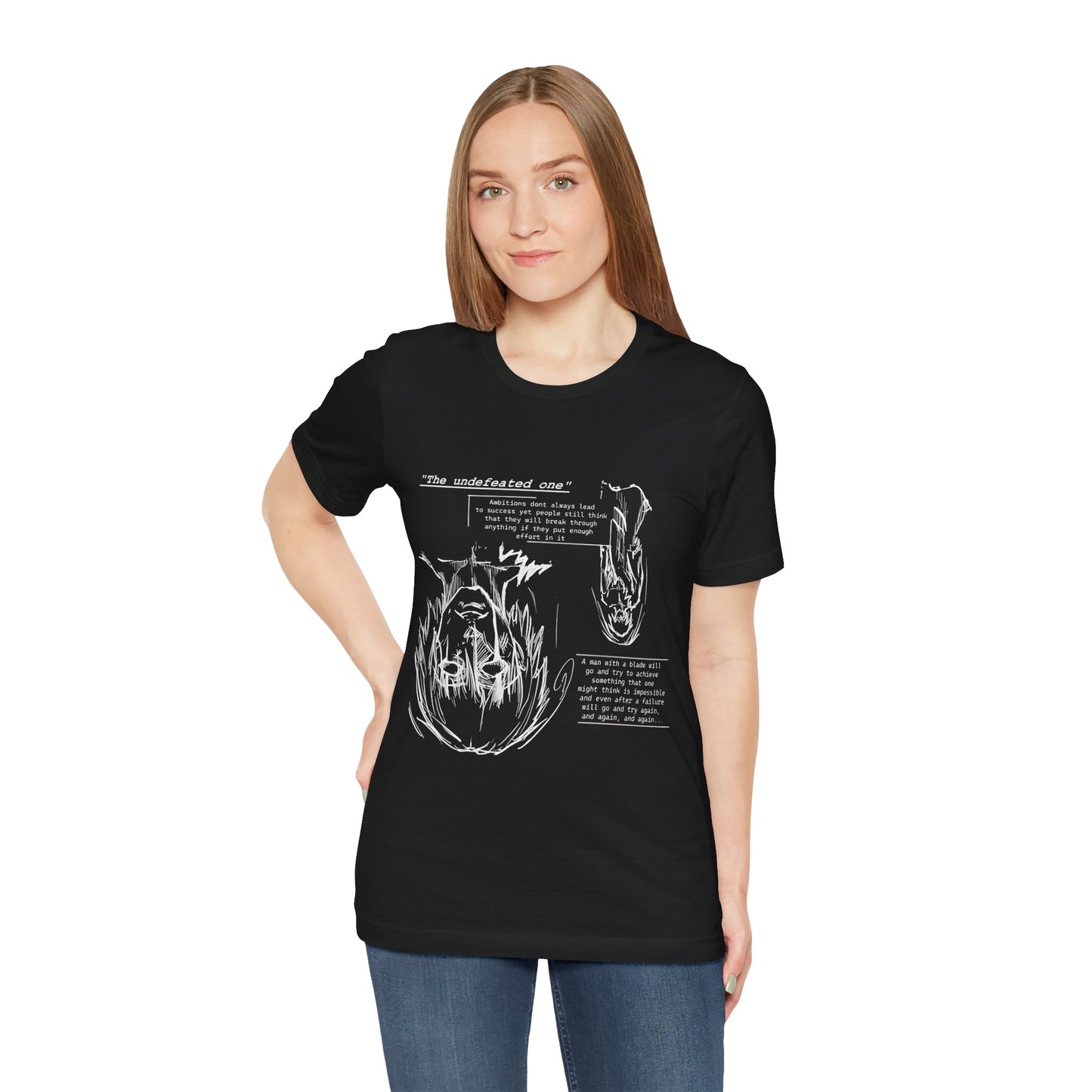 Cross-Eyed Samurai T-Shirt – Fall of the Undefeated, Hand-Drawn Manga Art Tee, Mythic Anime Shirt, Black & White Samurai Graphic for Fans