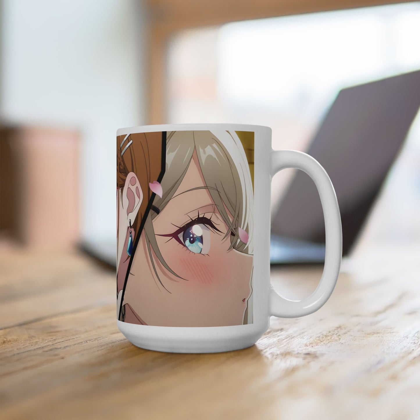 Anime Romance Mug – Blushing Rival Girls, Close-Up Love Triangle Scene, Emotional Manga Coffee Cup for Romantic Moments