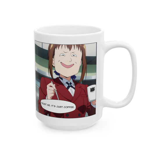 Anime Coffee Mug – Suspicious Girl Meme Cup with “Trust Me It’s Just Coffee” Quote, Funny Otaku Gift for Work Chaos