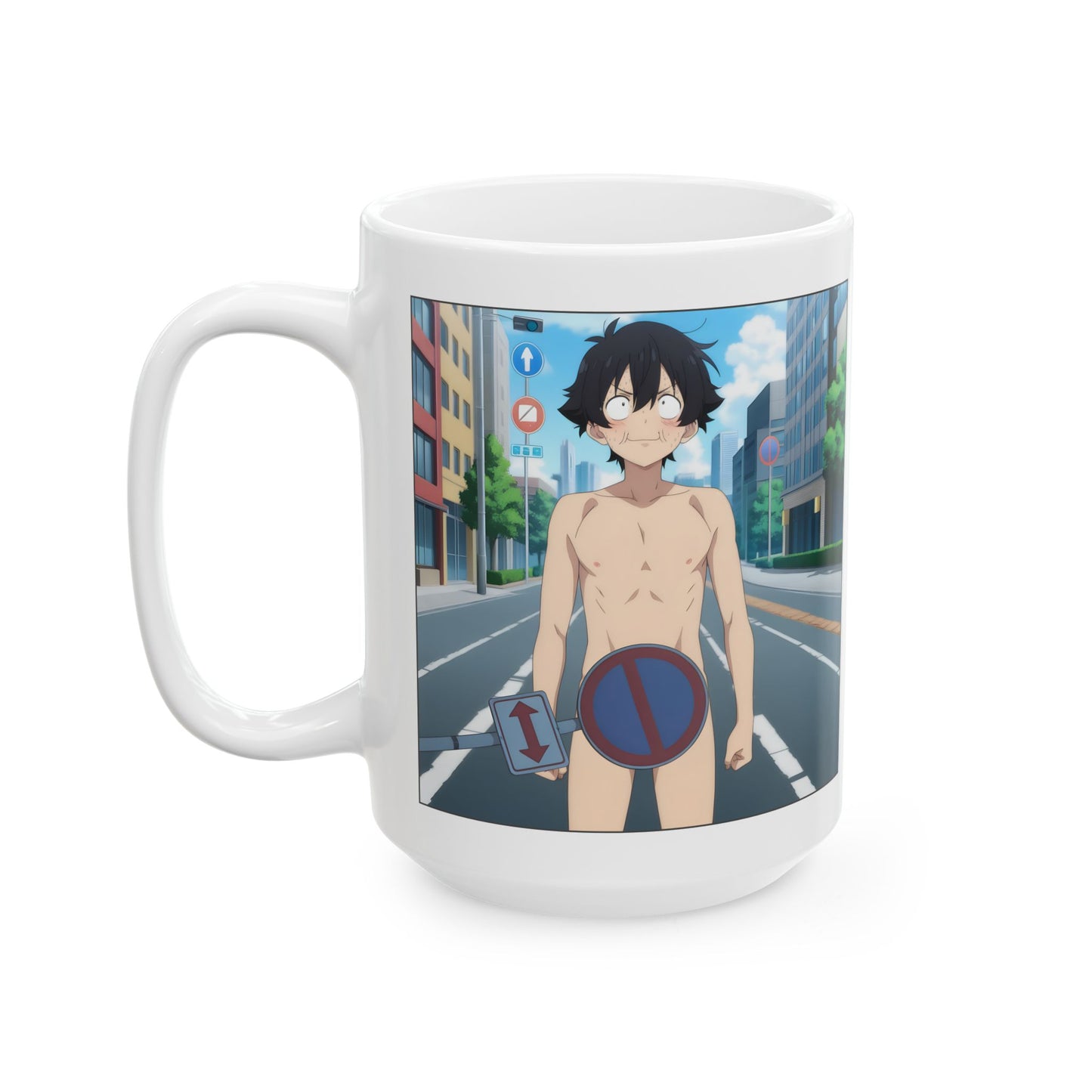 Isekai Meme Mug – Naked Summon Gone Wrong, Funny Anime Coffee Mug, Hilarious Traffic Sign Censorship Gag, Gift for Otaku and Chaos Lovers