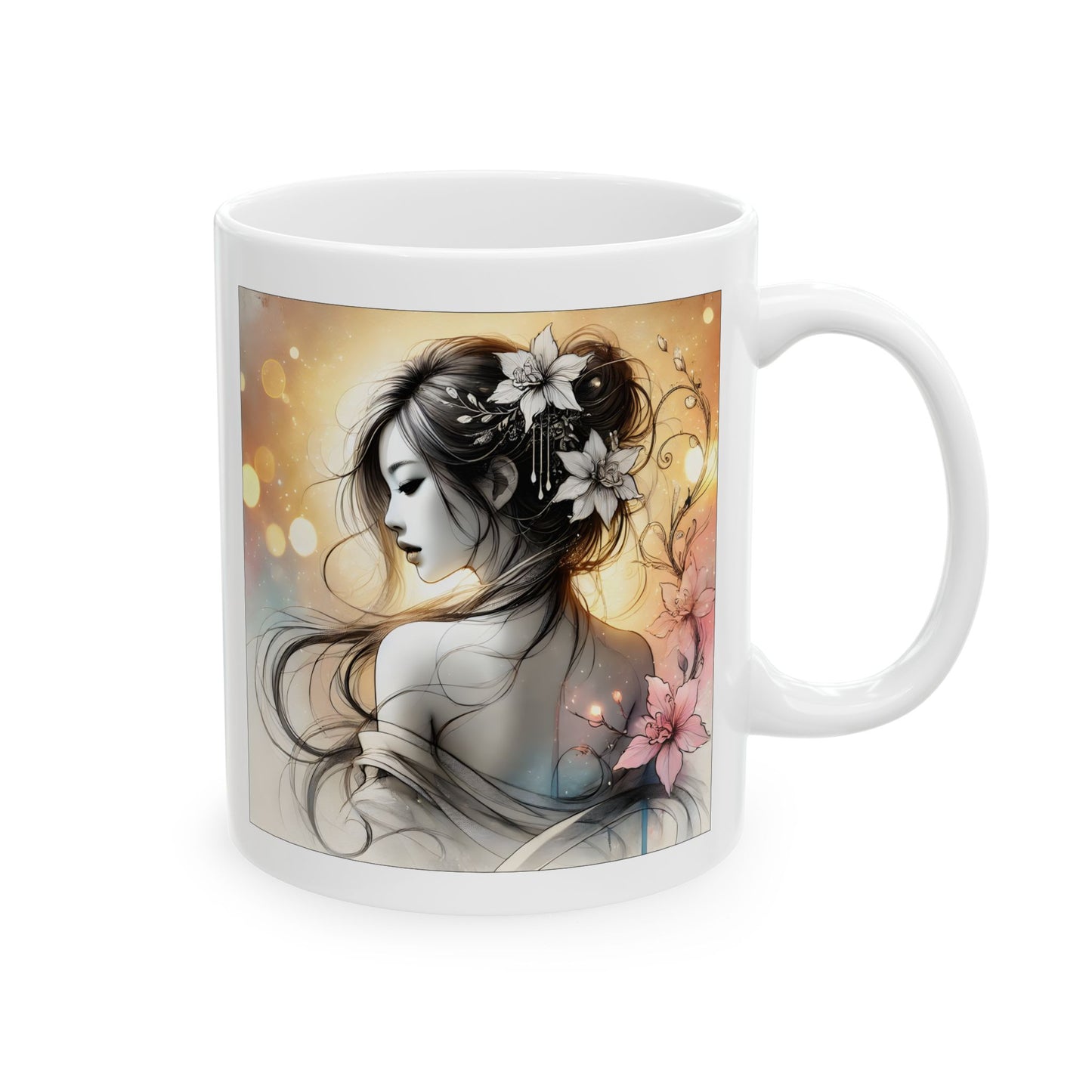 Romantic Anime Mug – Grayscale Woman with Flowers, Elegant Feminine Coffee Cup Gift for Her, Serene Art for Quiet Moments