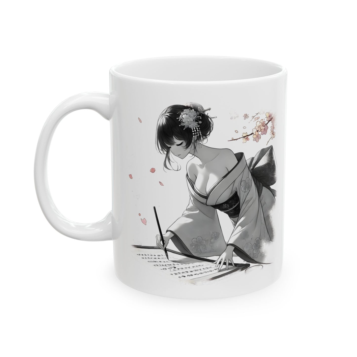 Geisha Writing Mug – Elegant Kimono Anime Girl Coffee Cup, Japanese Art Gift for Writers, Poets, and Feminine Aesthetic Collectors