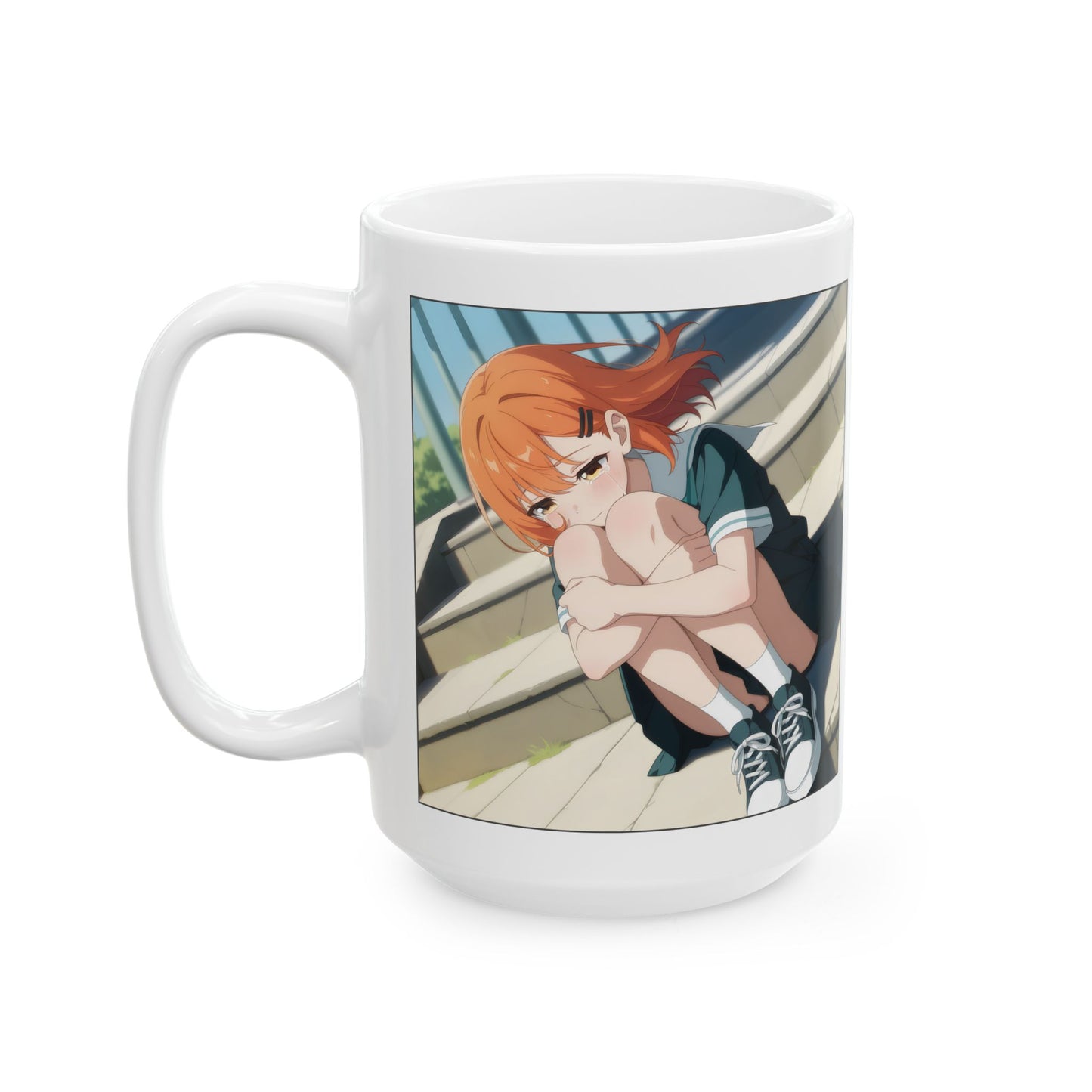 Sad Anime Girl Mug – Emotional Scene on School Steps, Quiet Gift for Soft Souls and Slice-of-Life Fans